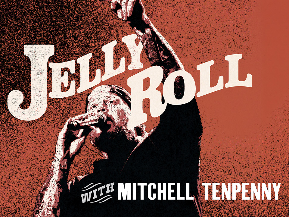 An artwork poster of Jelly Roll raising his and and siging into the mic with the words "Jelly Roll with Mitchel Tenpenny"